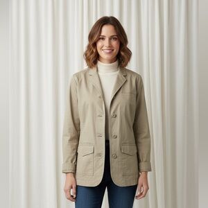 Eddie Bauer Women’s Beige Denim-Style Jacket | Size 12 | Cotton Spandex | Button